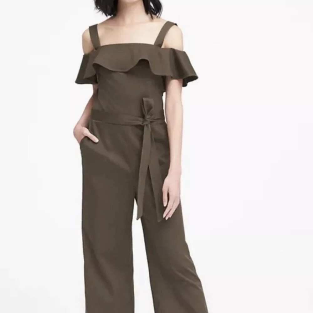 Banana Republic Twill Off the Shoulder Dark Green Jumpsuit